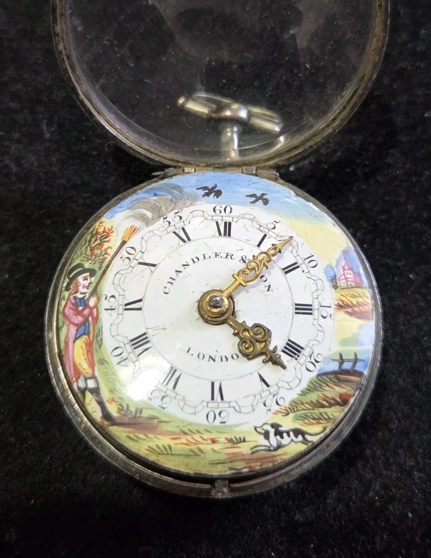 BRITISH VERGE FUSEE POCKET WATCH ENAMEL HUNTING SCENE 47MM CASE CHANDLER LONDON