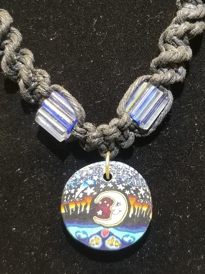 Black Spiral Hemp Necklace Glass Beads & Colorful Moon & Stars Fimo Clay Pendant
