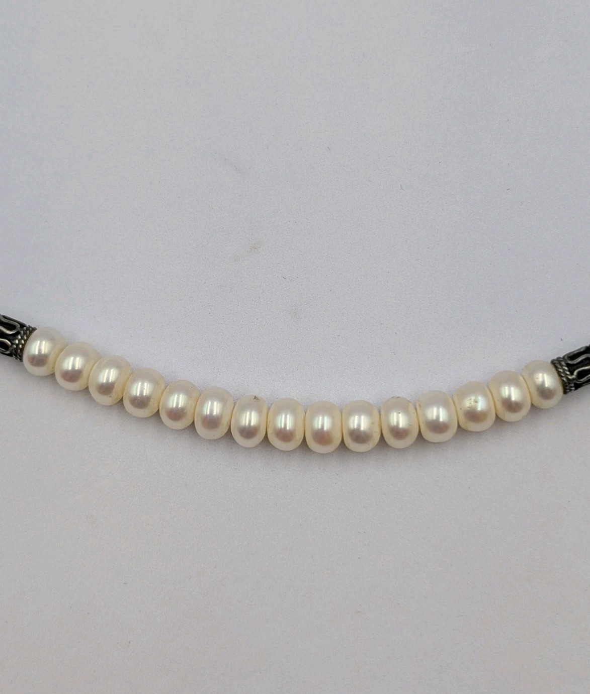 Imperial World Inc. Vtg Sterling Silver Freshwater Pearls Black Leather Necklace