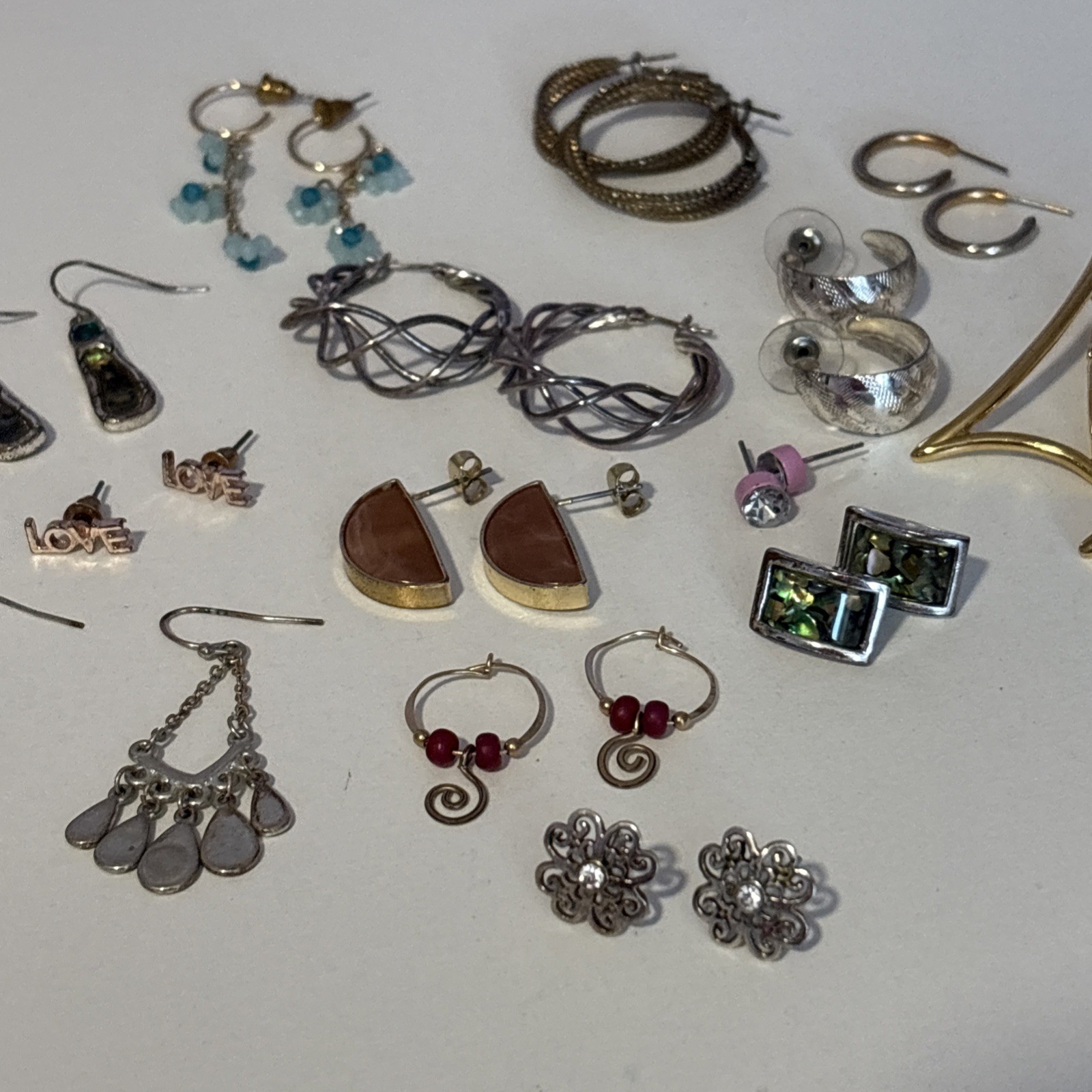Lot of 14 pairs Pierced Earrings Silver & Gold Tone Hoops Stone Dangles Variety