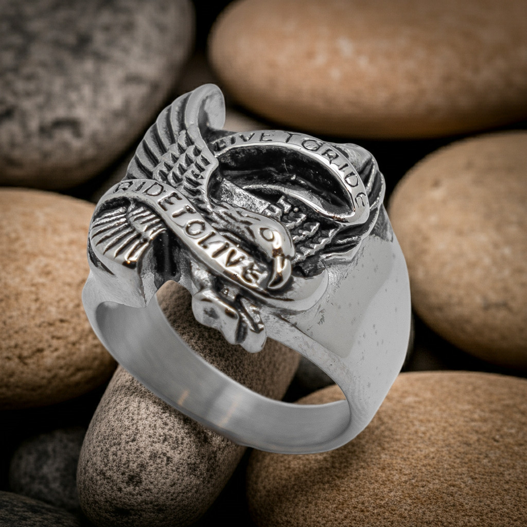 Eagle Stainless Motorcycle Biker Ring Live to Ride / Ride to Live 58