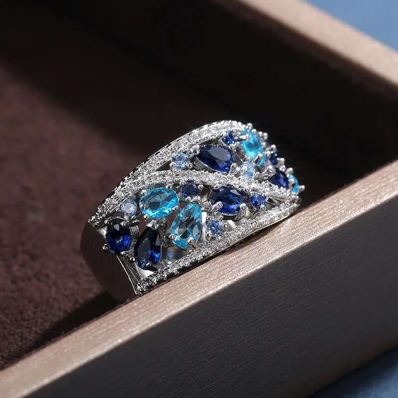 Elegant 925 Sterling Silver Blue White Topaz Wedding Engagement Ring Size 10