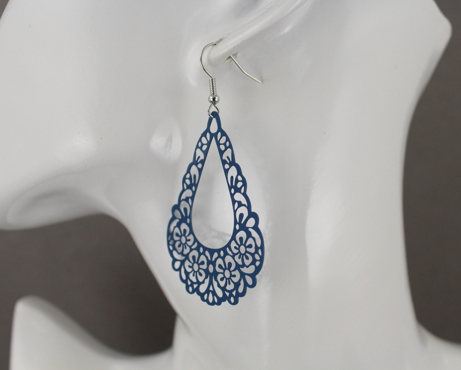 Blue Teal earrings teardrop dangle VERY lightweight filigree 2.5″ long floral