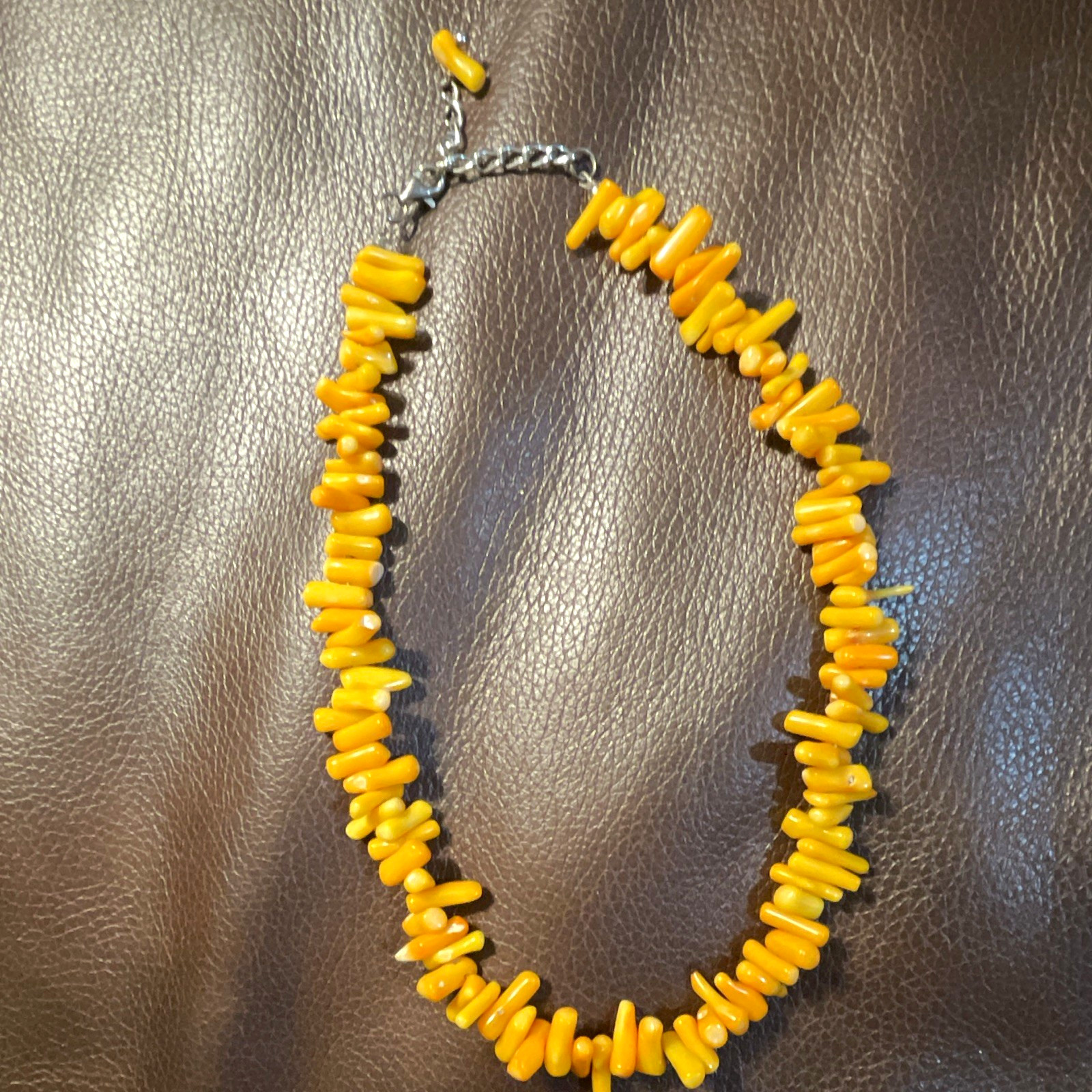 Yellow Chip Bead Necklace, Silver Metal, Lobster Clasp, Adjustable Extender