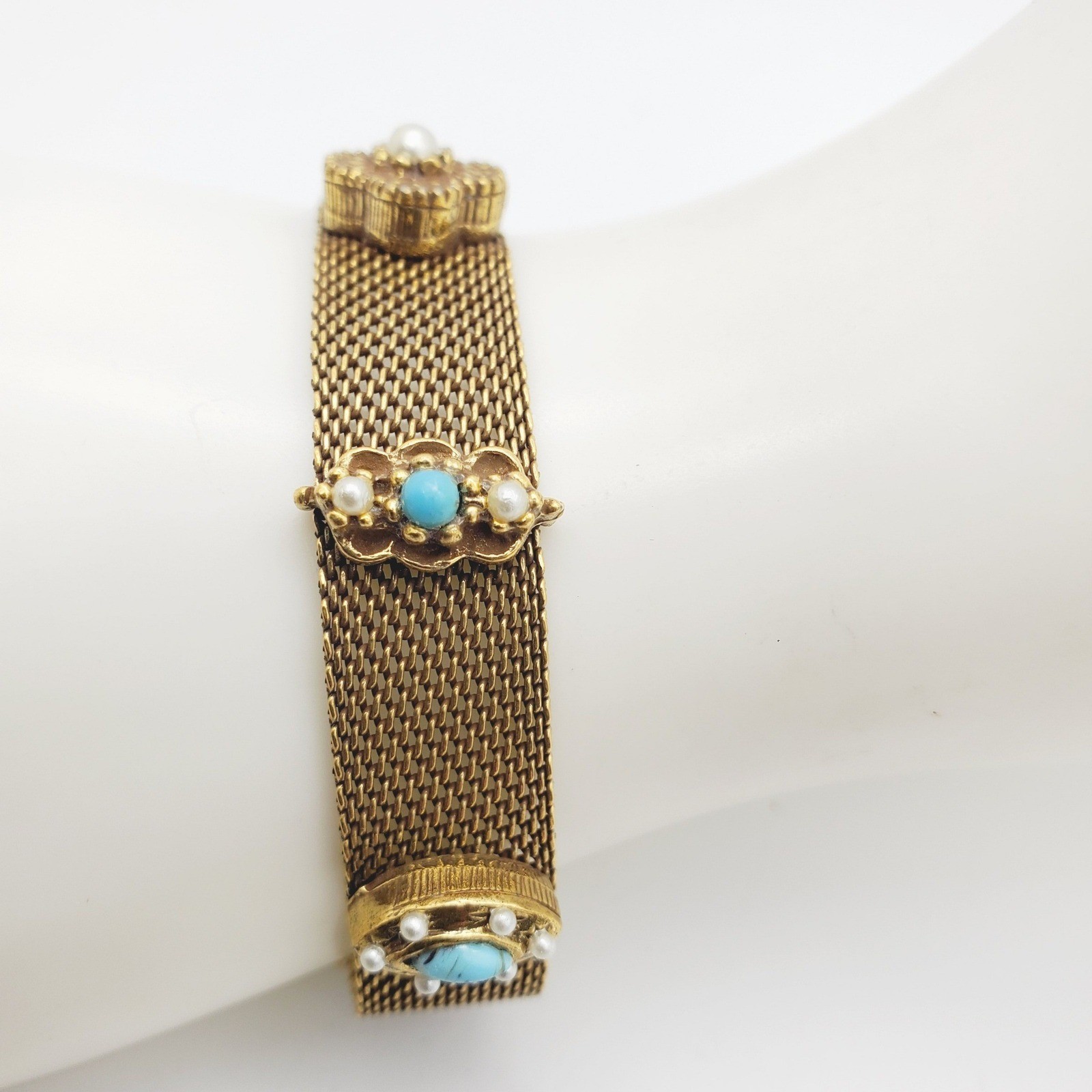 Vtg Goldette Gold Tone Victorian Revival Mesh Chain Bracelet Jeweled Blue Purple