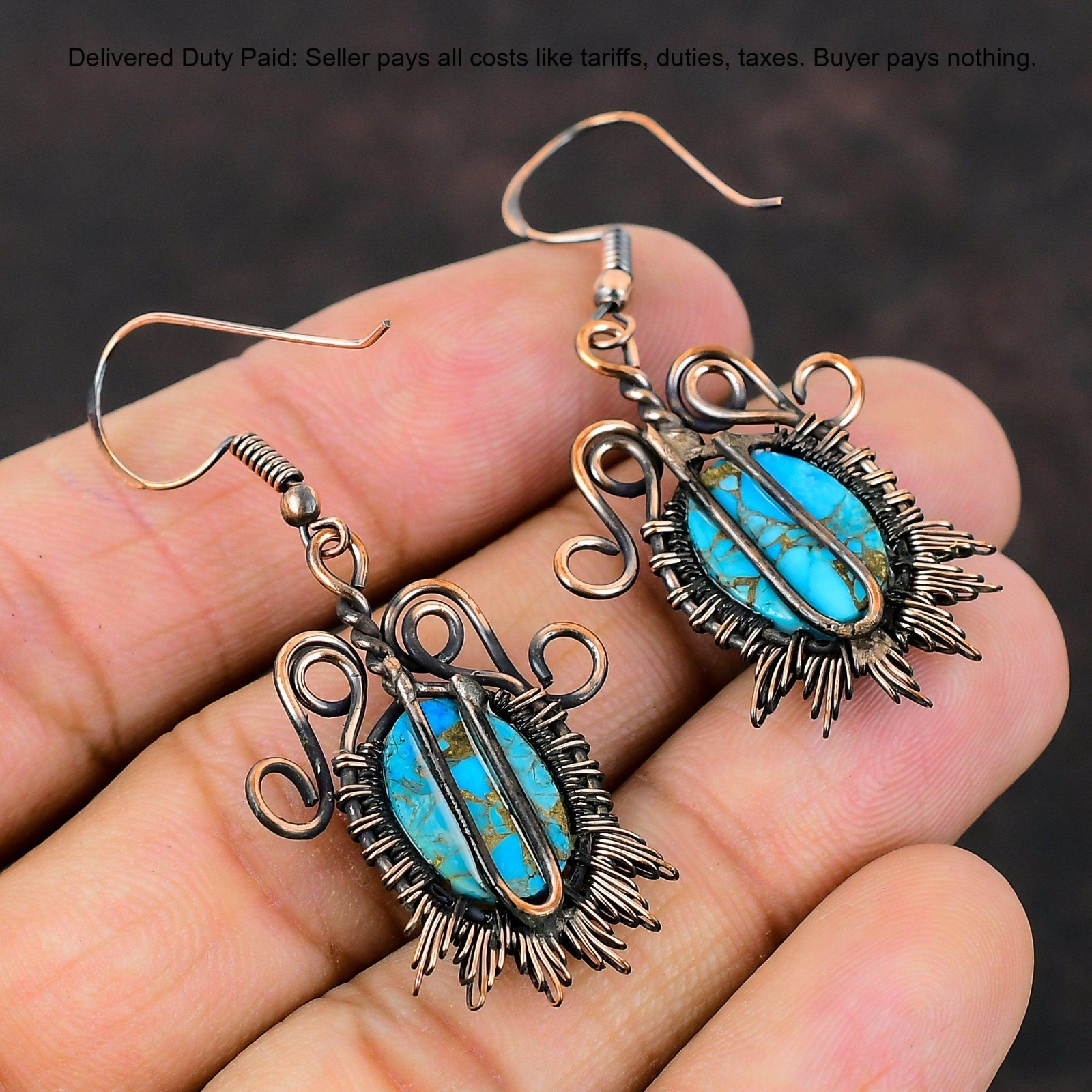 Christmas Deal Copper Copper Blue Turquoise Gemstone Drop Dangle Mother Earrings