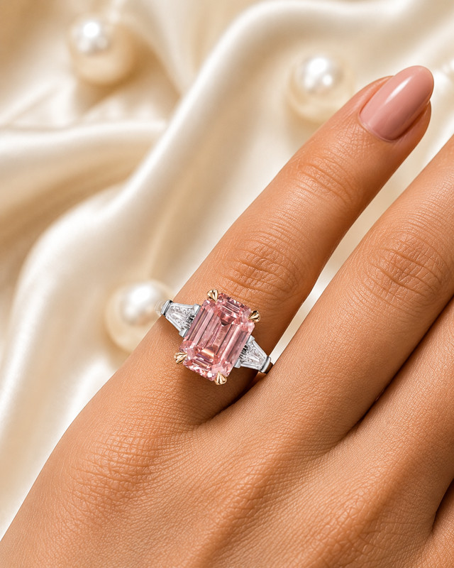 Fancy Intense Pink Diamond Ring 18k Multi Gold IGI Lab Grown 4.70 Ct Emerald Cut