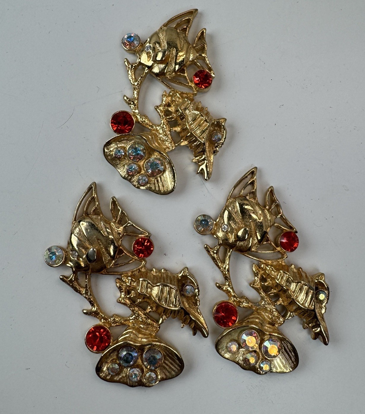 Lot Of 6 VTG Gold Tone Rhinestone Fish Shell Findings Brooch Jewelry Making