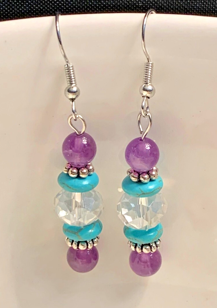 Amethyst Turquoise Austrian Crystal Handmade Pierced Earrings LR132