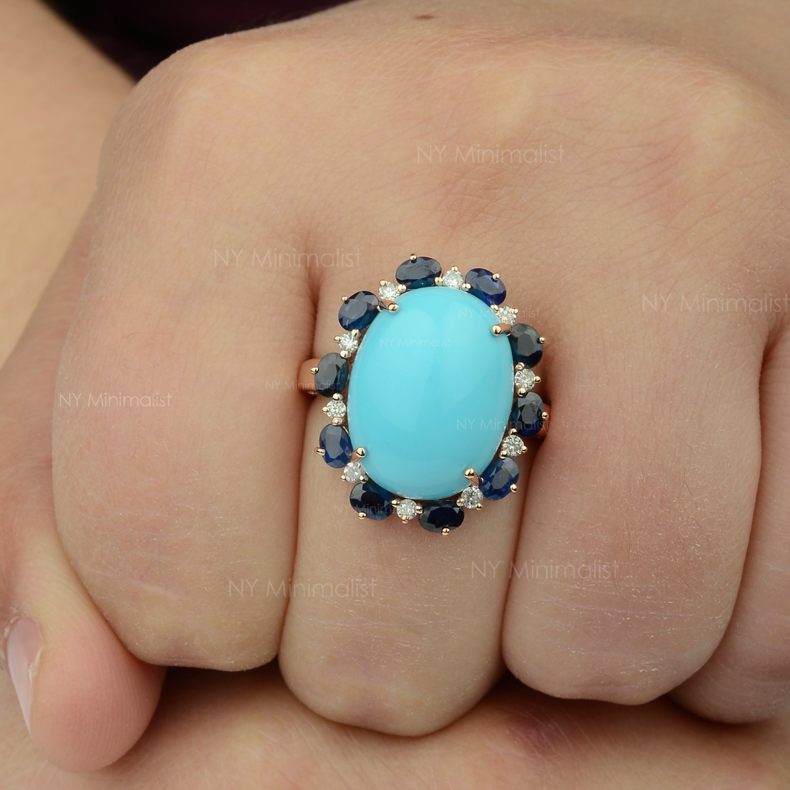 14K Solid Gold Genuine Oval Turquoise Blue Sapphire and Diamond Engagement Ring