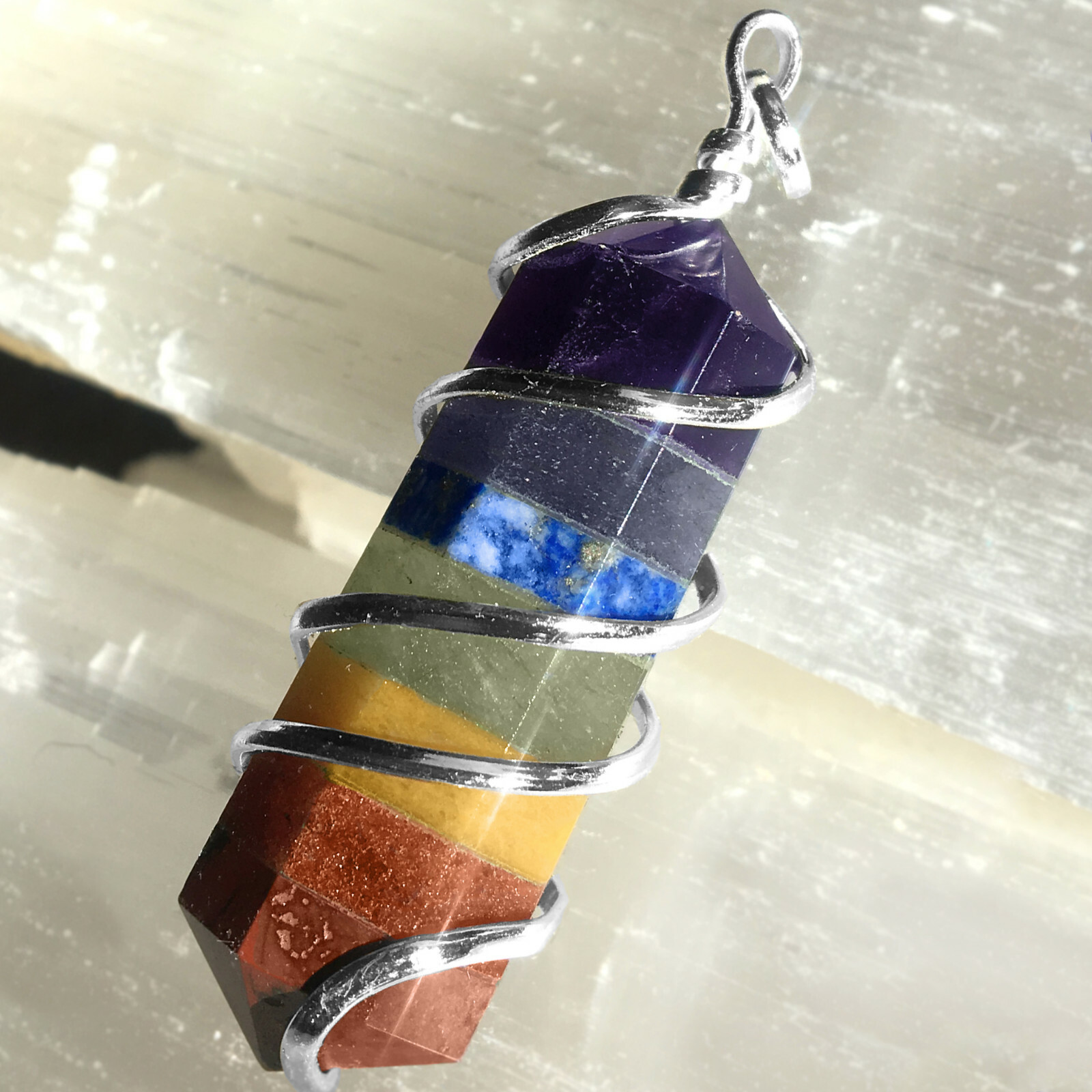 Rainbow Chakra Crystal Wire Wrap Silver Spiral Pendant Handmade Necklace CHARGED