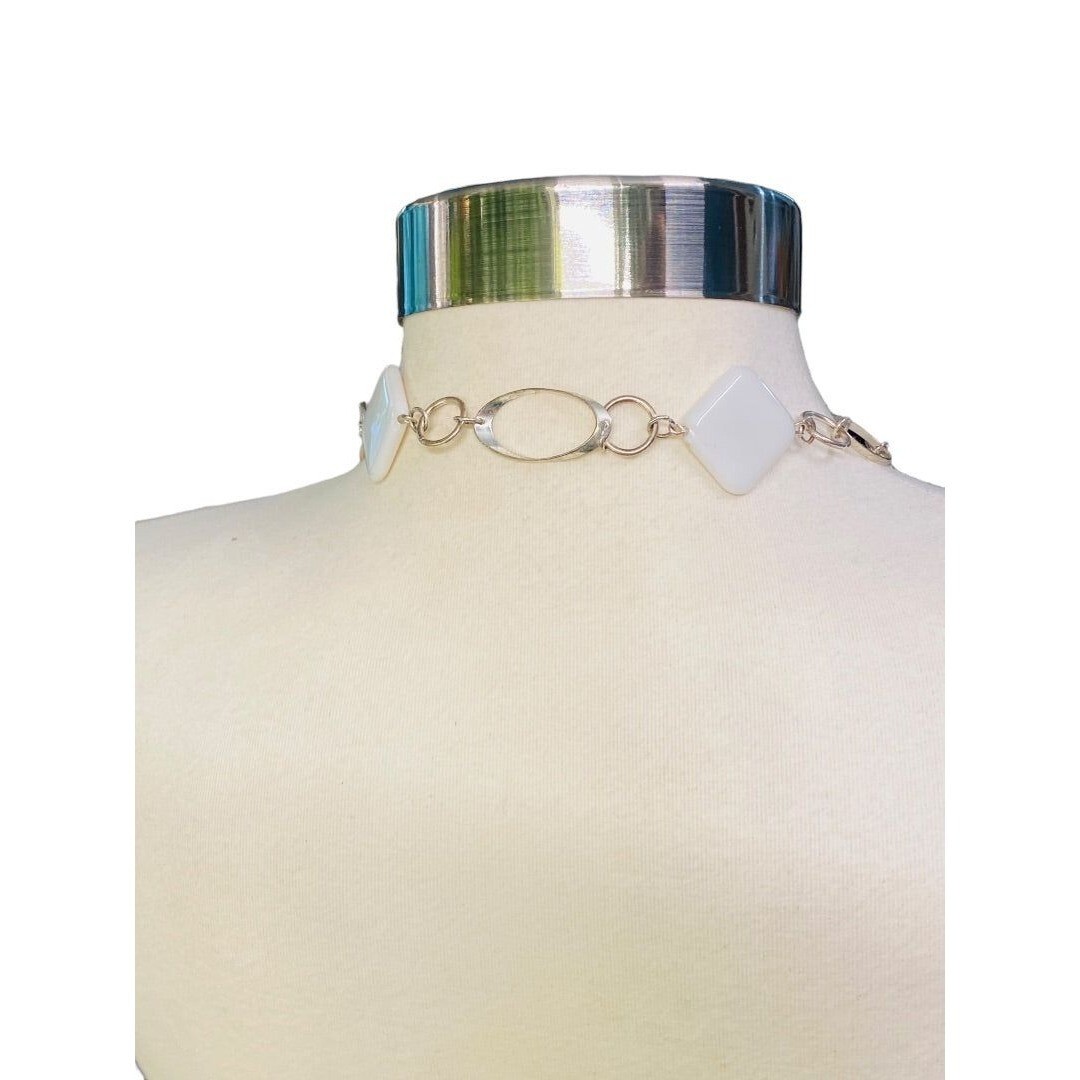 Silvertone and White Acrylic Square Necklace Overhead 34″ Lightweight