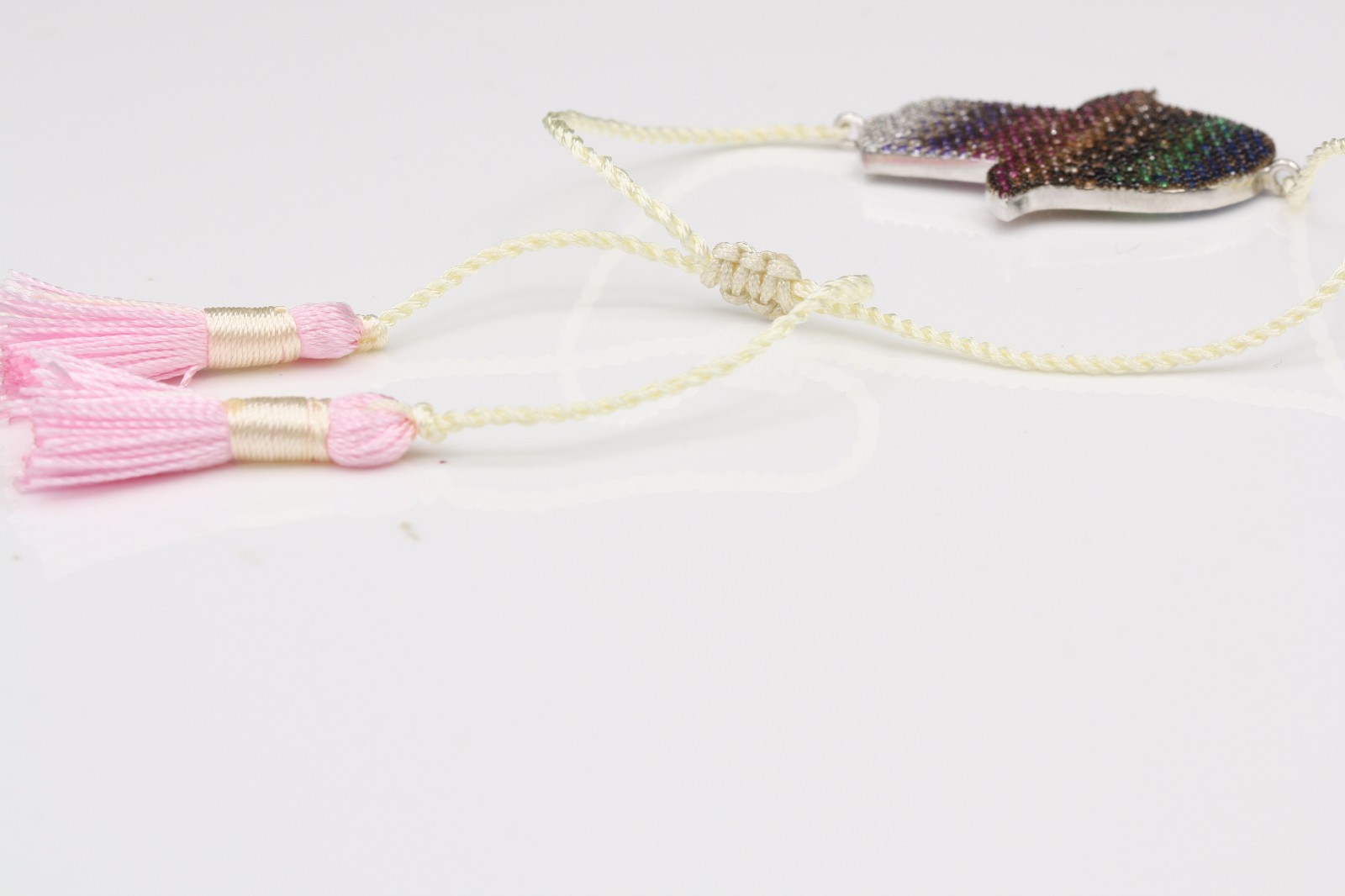 BRILLIANT EVIL EYE HAND BRACELET GOOD LUCK MULTI COLOR CZ ROPE TASSEL PINK