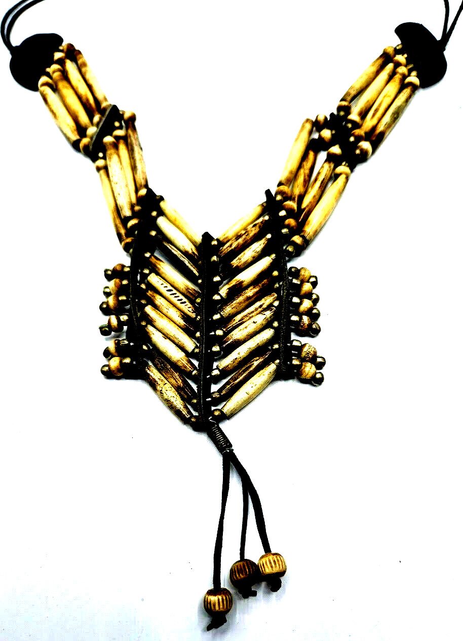 Buffalo Bone Necklace Layer Black Beige Hair Pipes Tribal Style Boho Ancient 25″