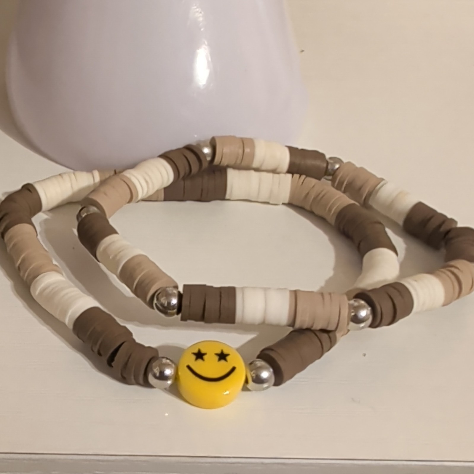 Stackable Beaded Stretch Bracelet Set Beige Brown White w/ Yellow Smiley Charm