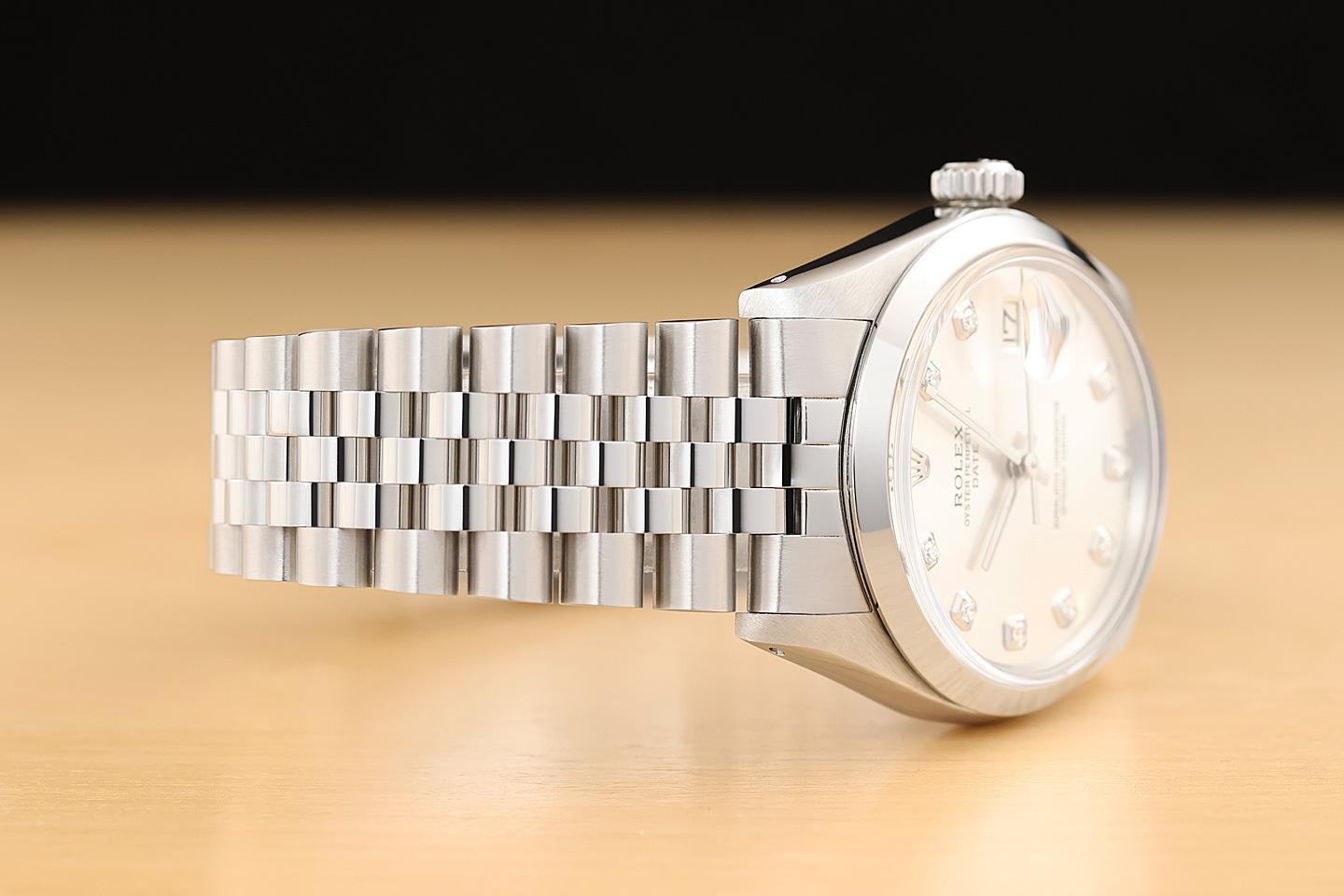 ROLEX OYSTER PERPETUAL DATE 1500 SILVER DIAMOND DIAL STAINLESS STEEL 34MM WATCH