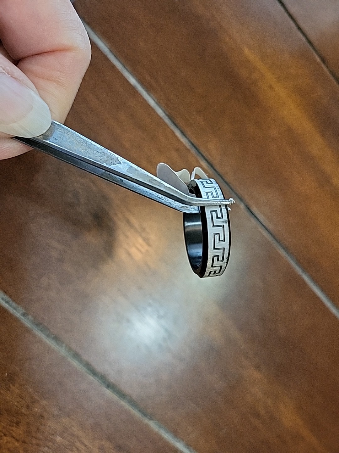 Black & Brushed SilverTone Greek Key Pattern Magnetic Band Ring Sizes 7,12,16,17