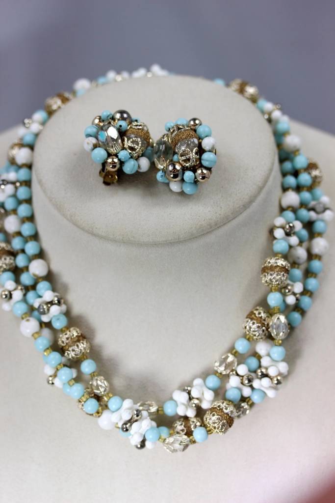 Vintage Blue, White Silver & Gold Japan Necklace & Earrings Set 48″ – 6909