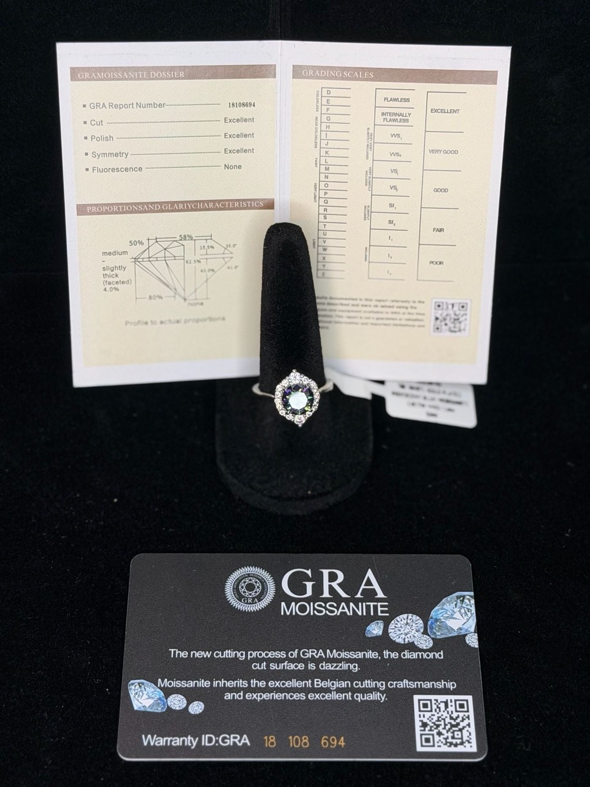 18K White Gold Plated Iridescent Blue Moissanite Halo Ring 2.0CT