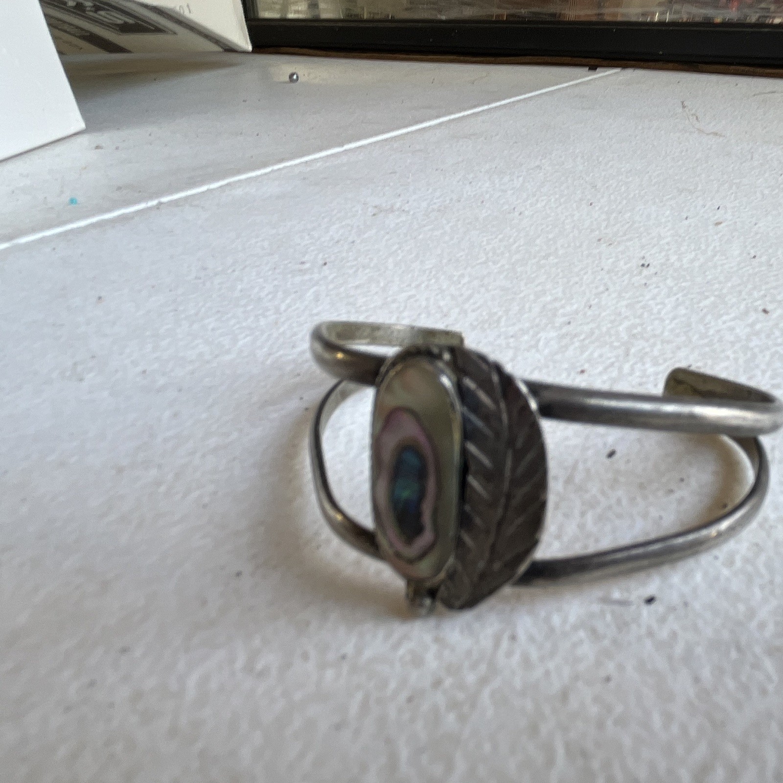 Silver Tone Adjustable Cuff Bracelet w/ Oval Inlay Centerpiece