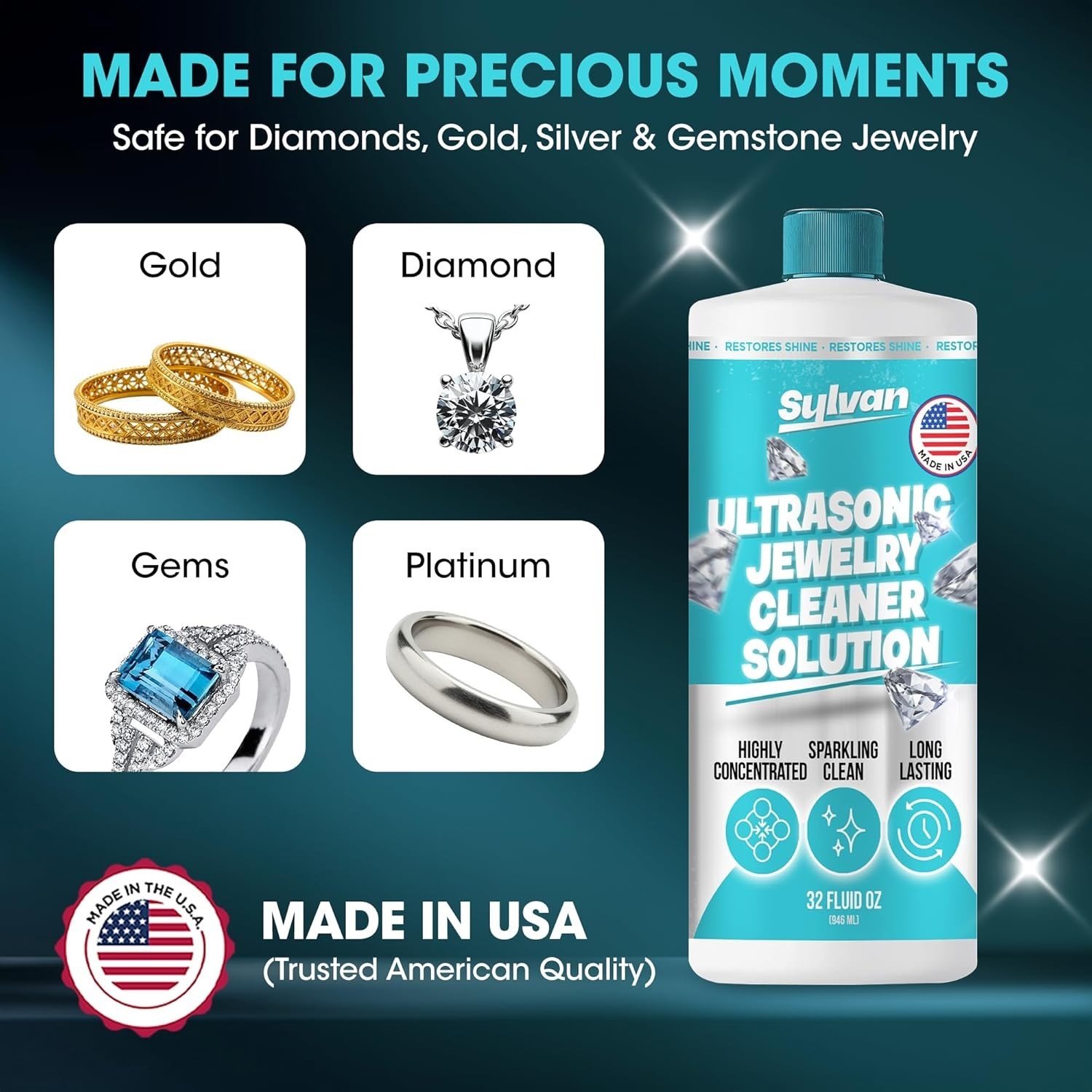 32 Oz Ultrasonic Jewelry Cleaner Solution Concentrate with Free Cloth
