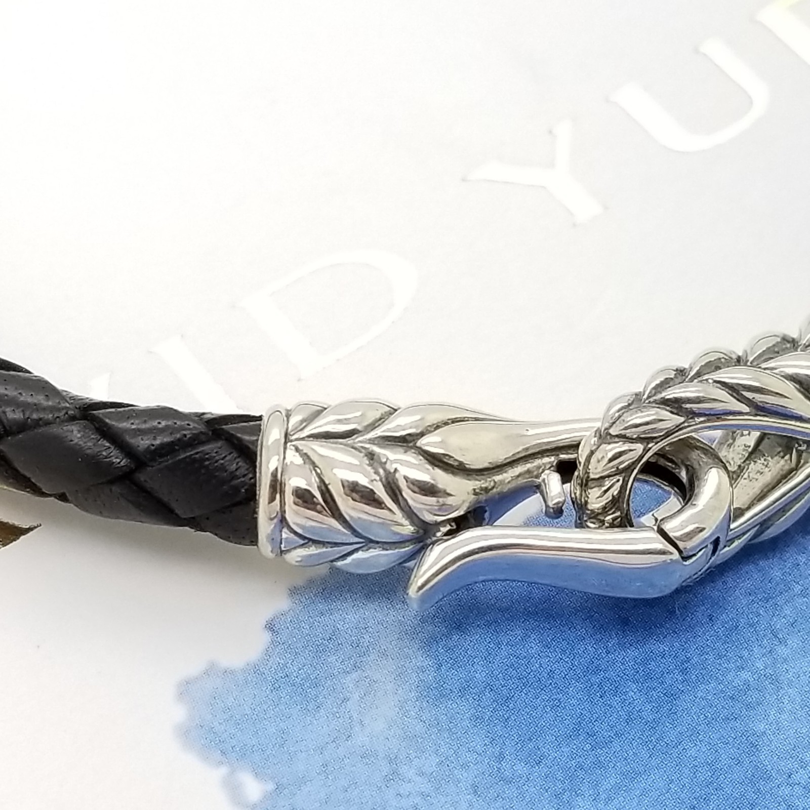 David Yurman Mens 925 Sterling Silver 8.5in Black Leather Woven Chevron Bracelet