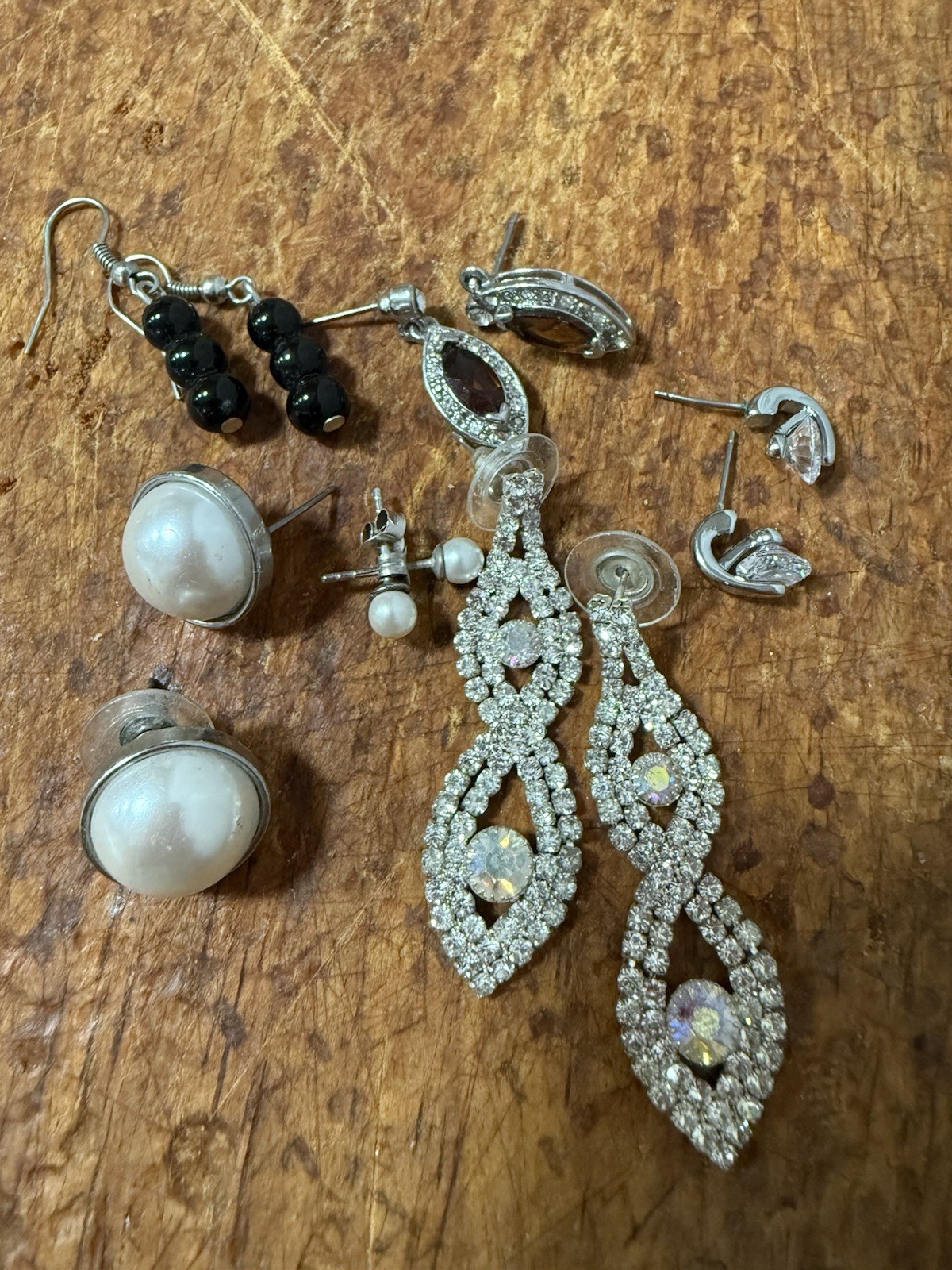 silver-tone clear round rhinestone dangle/drop & stud earrings mixed lot