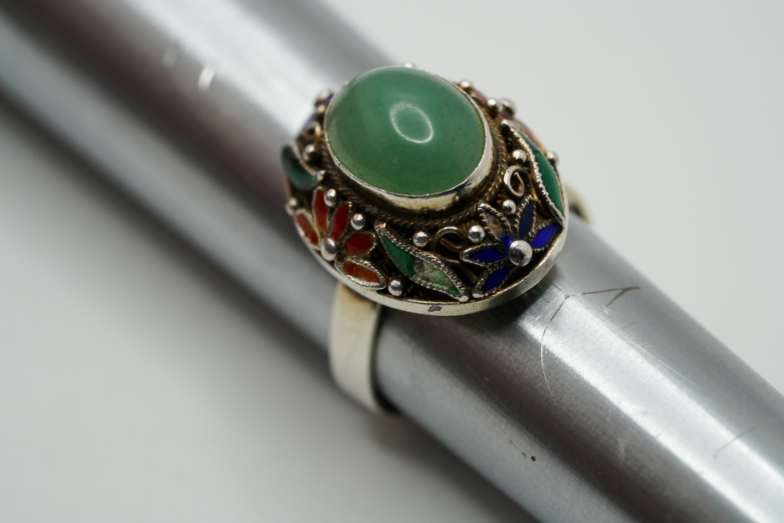Vintage Chinese Export Sterling Silver Jade Enamel Adjustable Ring JB44