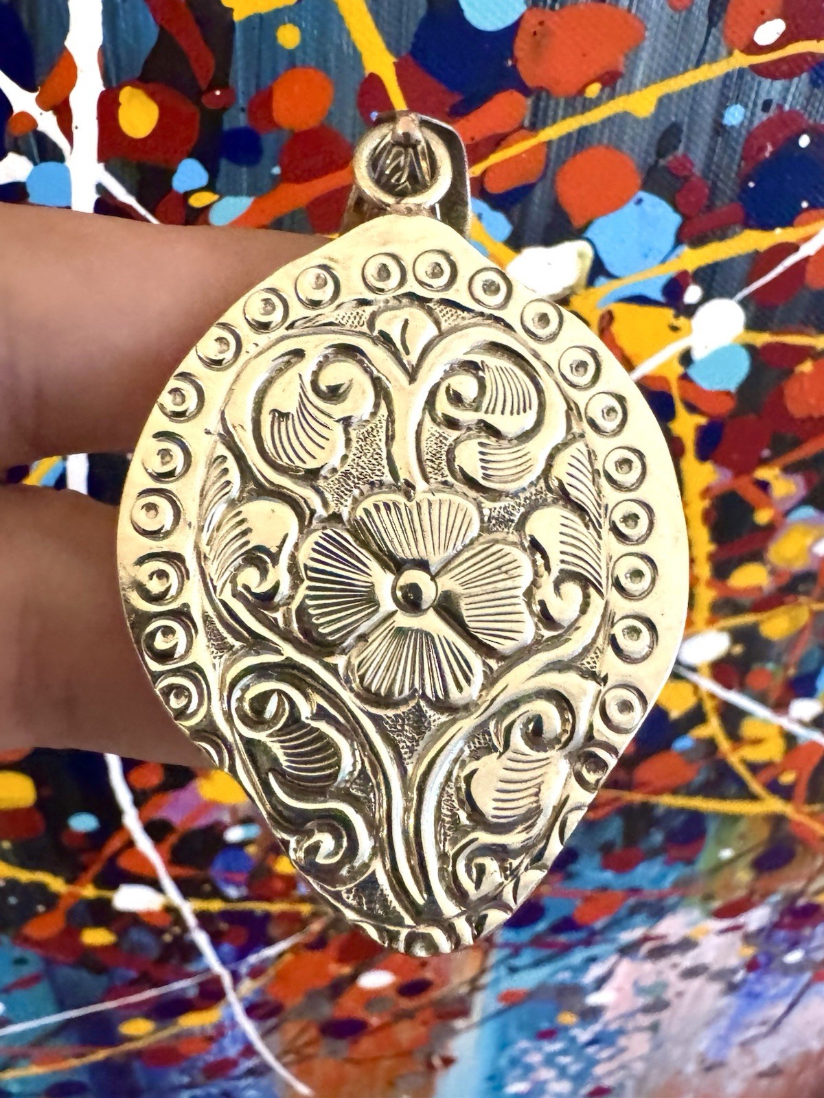Hand Carved Bone Pendant,Bison Art,Auspicious Floral Carving,Turquoise & Silver
