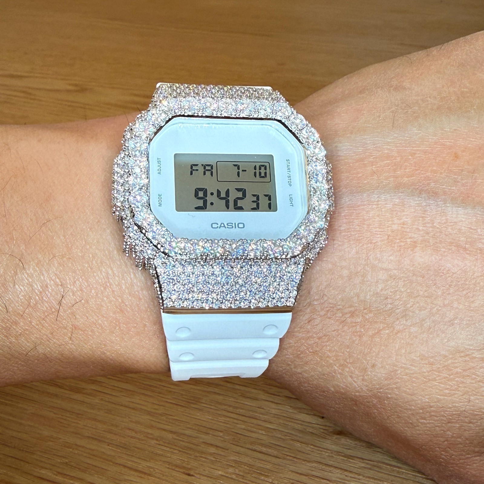 Authentic G Shock White DW5600 Custom Iced Out Moissanite Watch