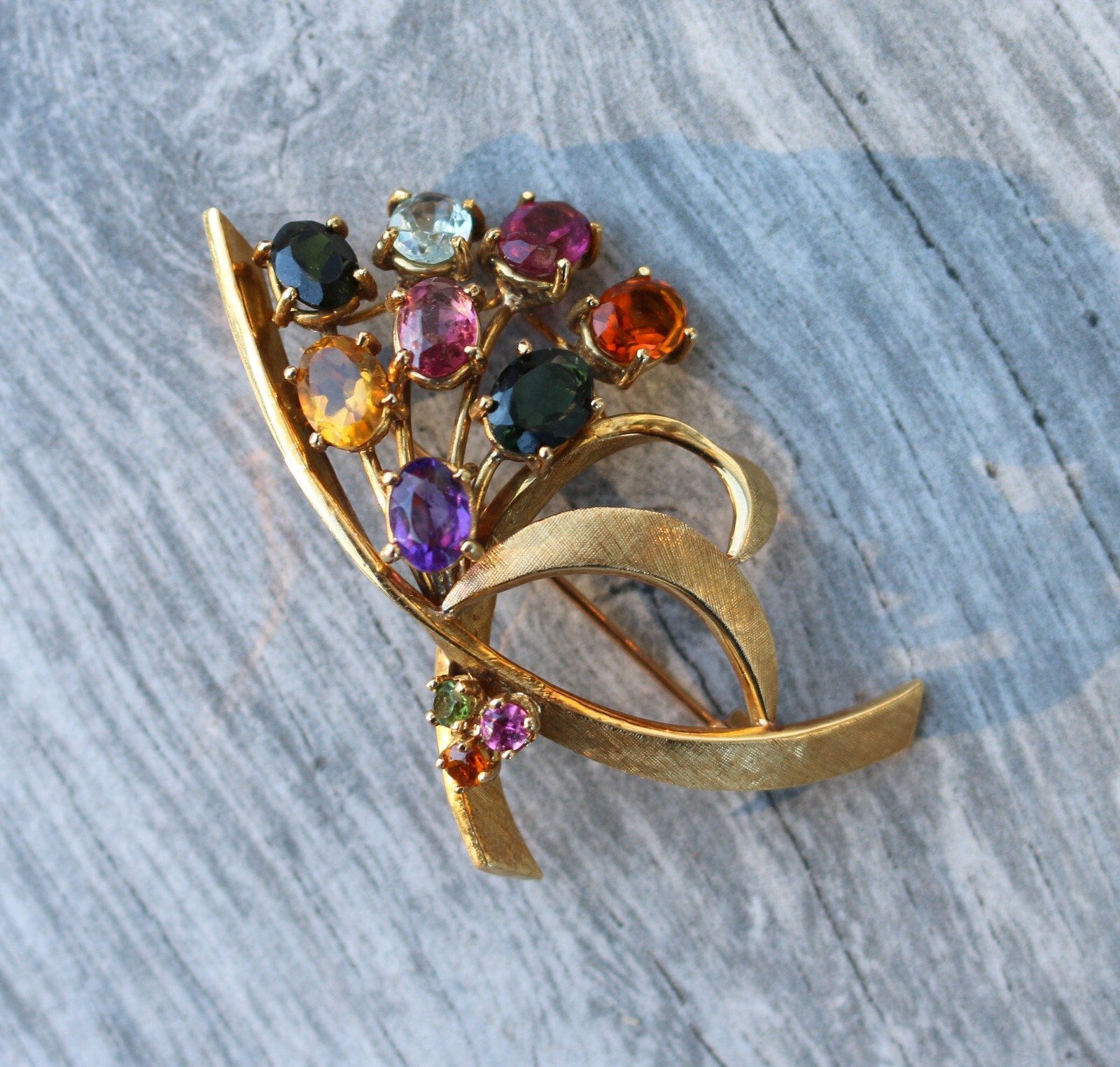 Gorgeous Vintage 18kt 750 Yellow Gold Amethyst, Citrine Bundle Pin Brooch 13.0 G