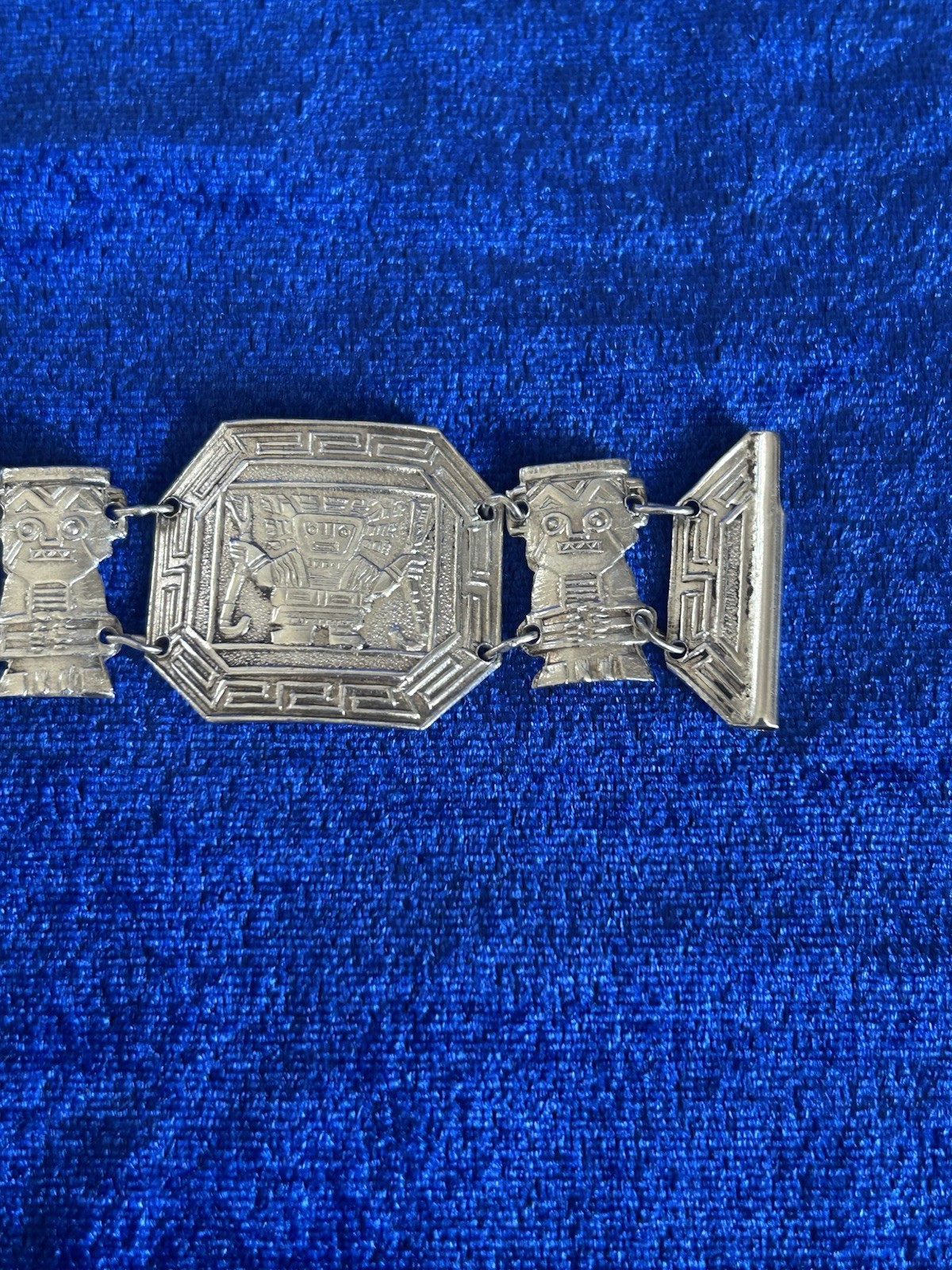 Vintage Estate Sterling Silver Inca Guardians Panel Bracelet Handmade Peru Old