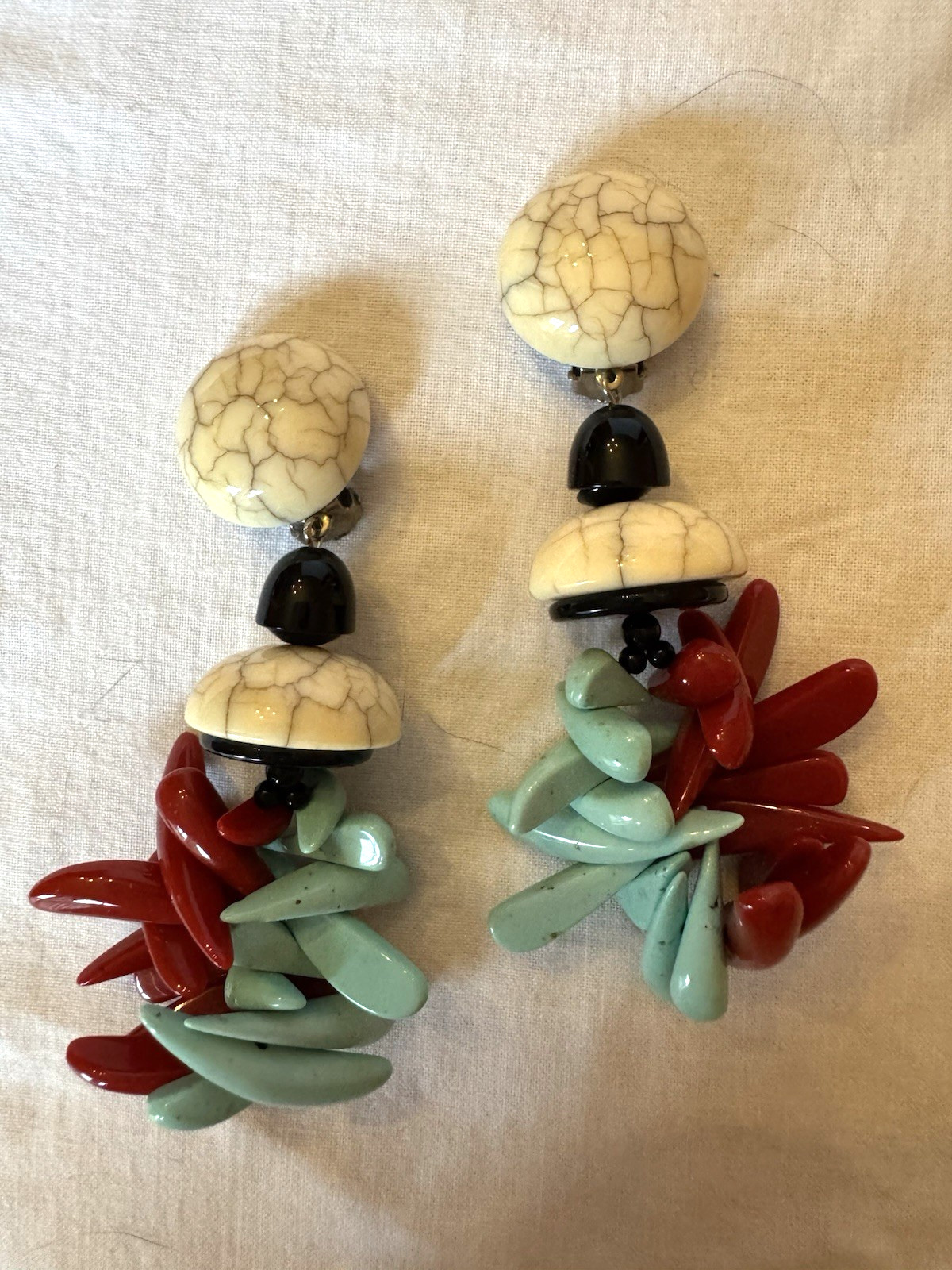 Angela Caputi long earrings ivory black dark red turquoise beads clip Italy