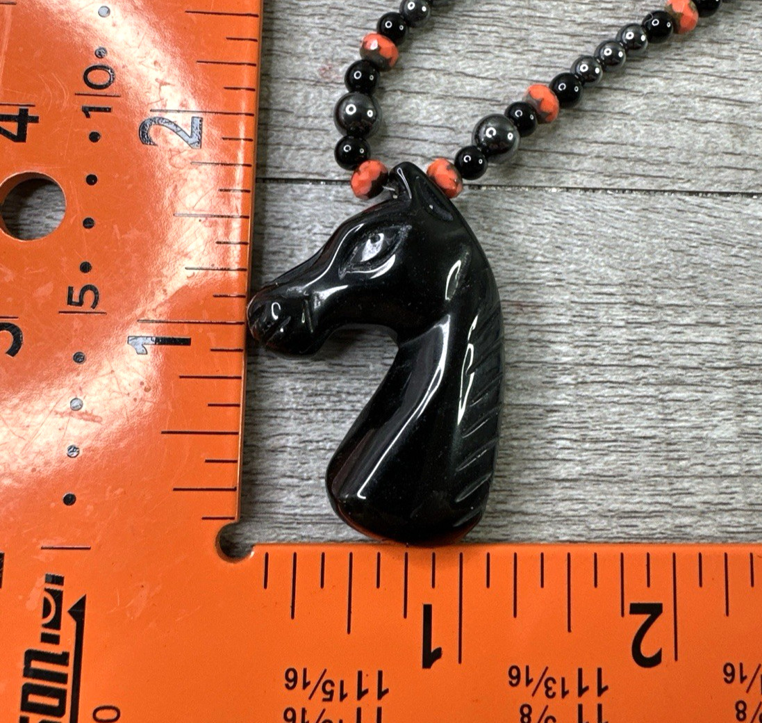 Artisan Handmade In MT Black Stone Horse Pendant Necklace 19″