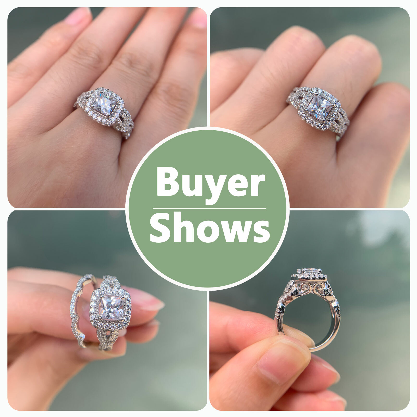 Wuziwen Halo Women Wedding Engagement Ring for Women Princess CZ Sterling Silver