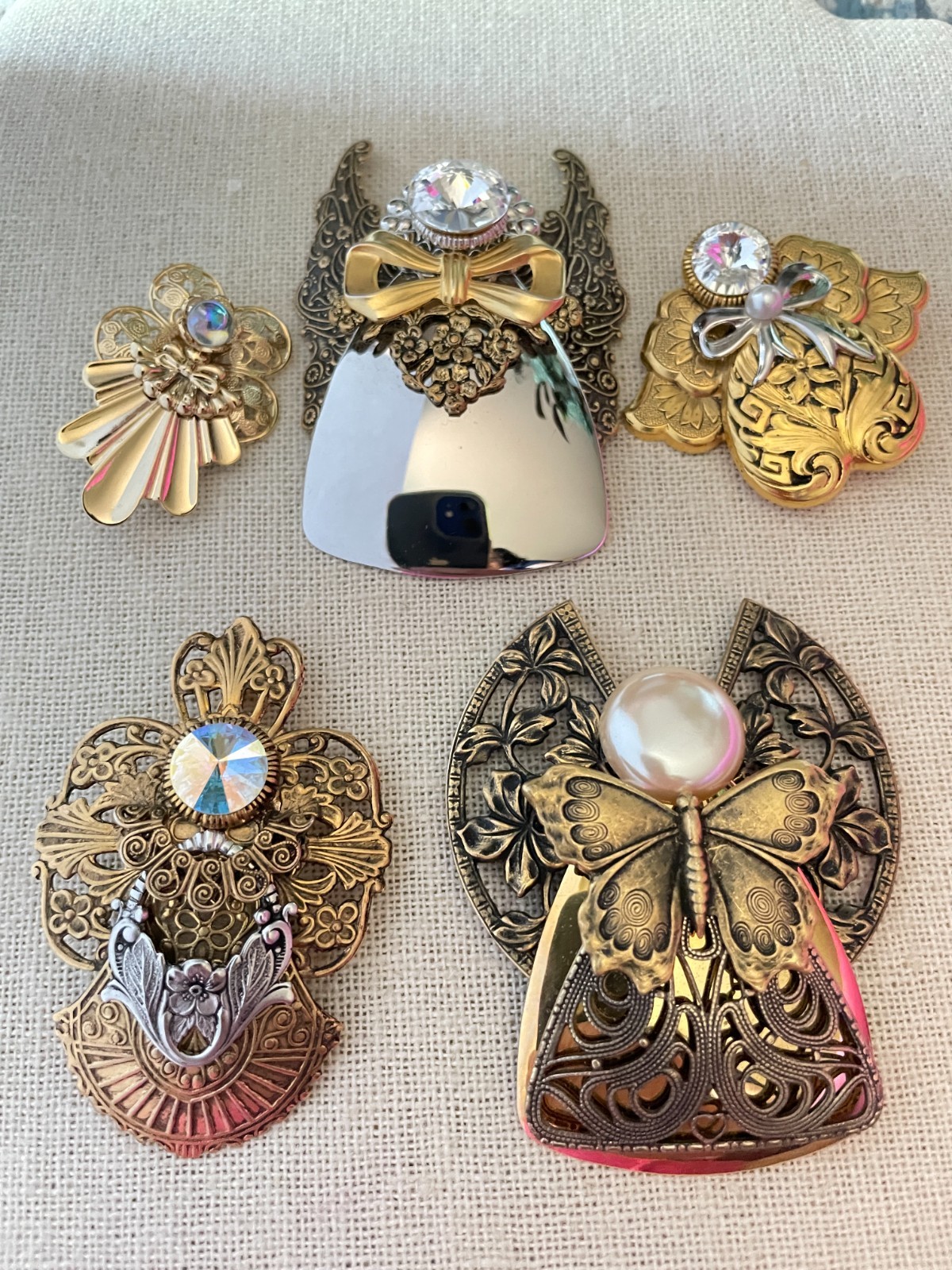 Lot of 5 Vintage Jane Davis Angel Brooches Filigree Gold Silver Bronze Tone