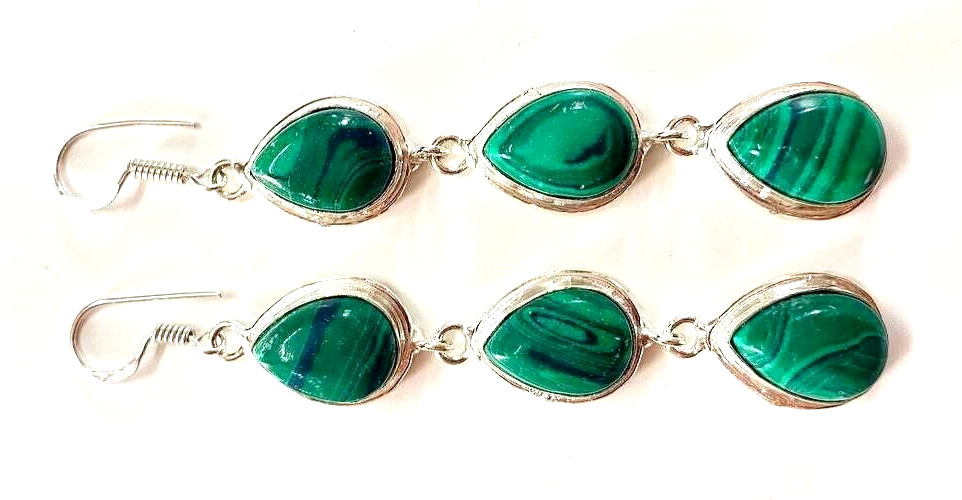 Natural Malachite Gemstone 925 Sterling Silver Handmade Jewelry Earrings 2.10″