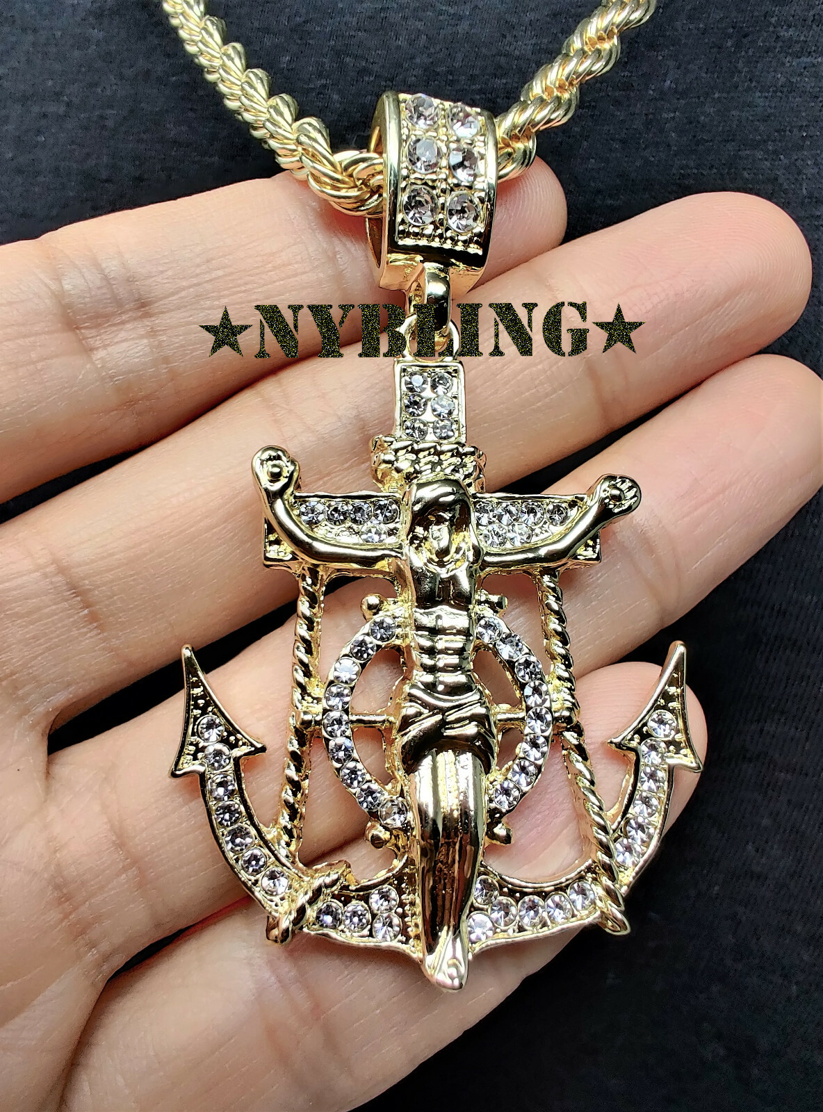 ICED Jesus Anchor Pendant w/ Rope or Tennis Chain Necklace Plated CZ Jewelry
