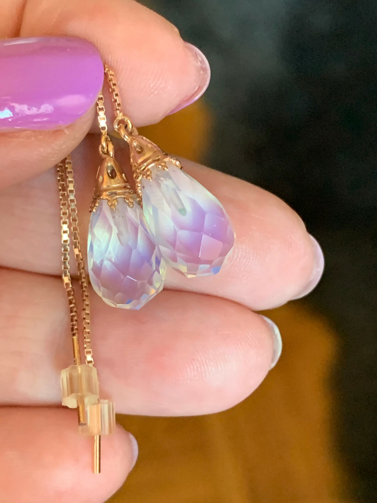 14K PINK ROSE GOLD MOONSTONE THREADER PULL THROUGH CHAIN DANGLE DROP EARRINGS