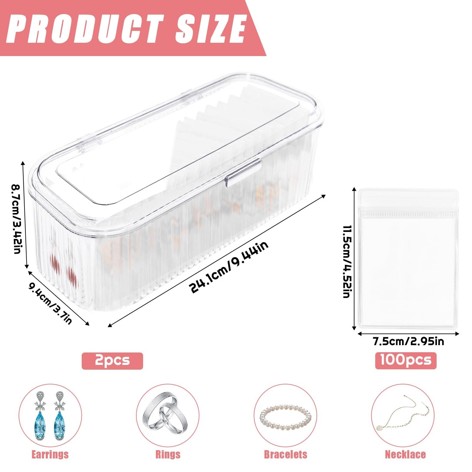 2 Packs Acrylic Jewelry Box with 100pcs PVC Portable Anti Oxidizing Zipper Ba…