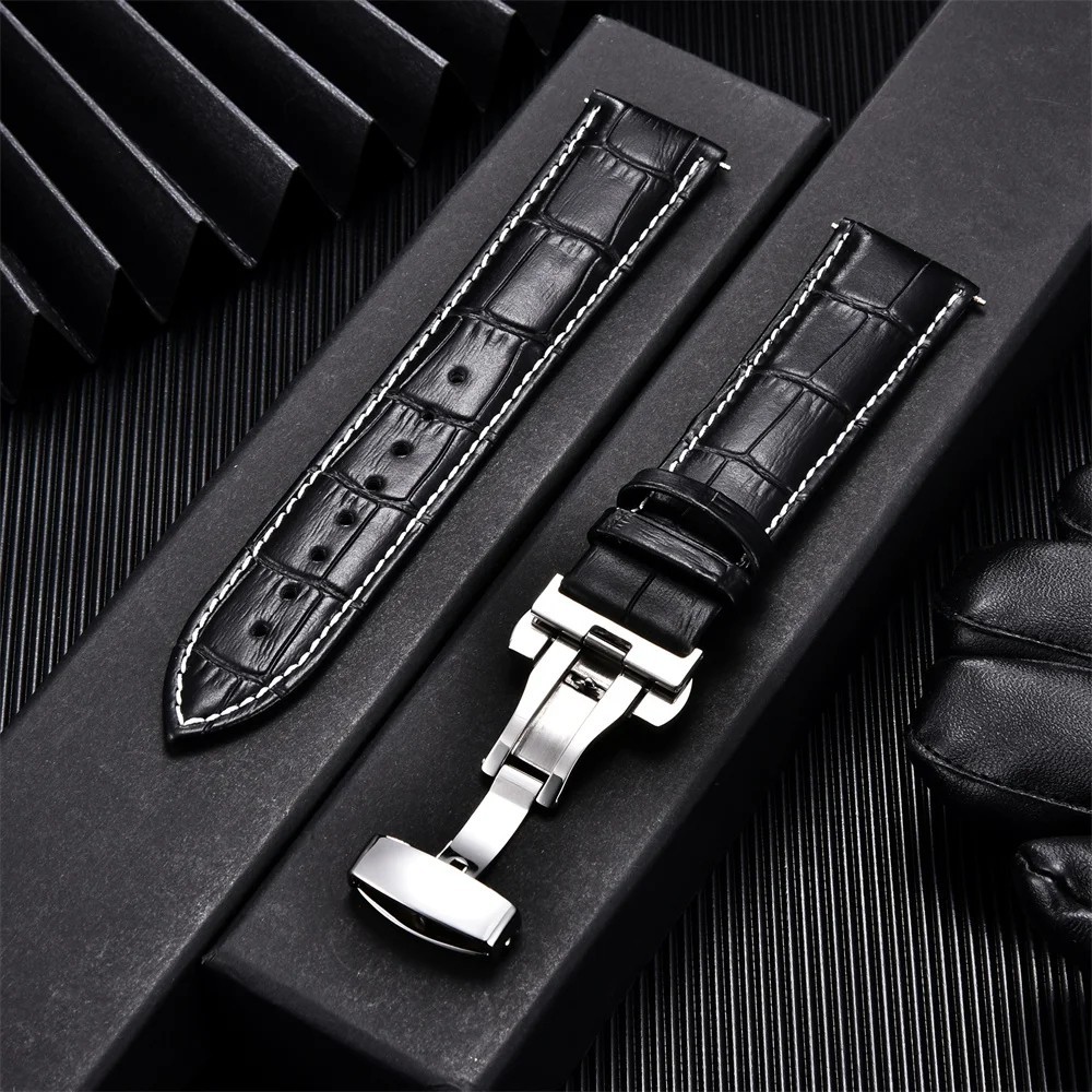 Genuine Calfskin Leather Watch Band 18mm 20mm 22mm 24mm Butterfly Buckle Strap