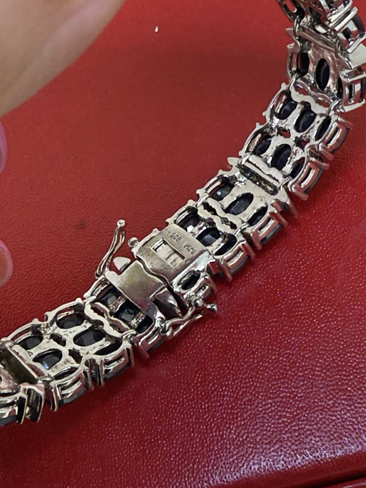 Vintage SJM Sterling Silver Blue Sapphire & Diamond Bracelet 7.5 Inch Long