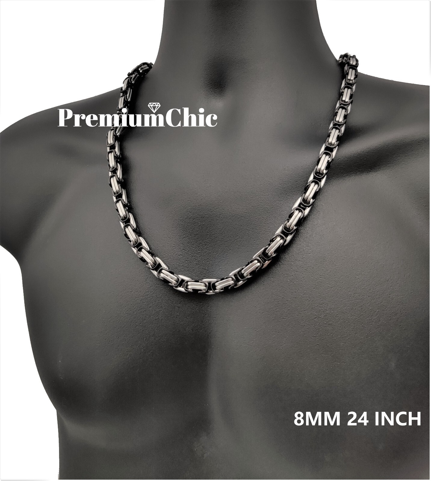 18″-30″ Stainless Steel 8MM Silver/Black Plated Byzantine Box Necklace Mens