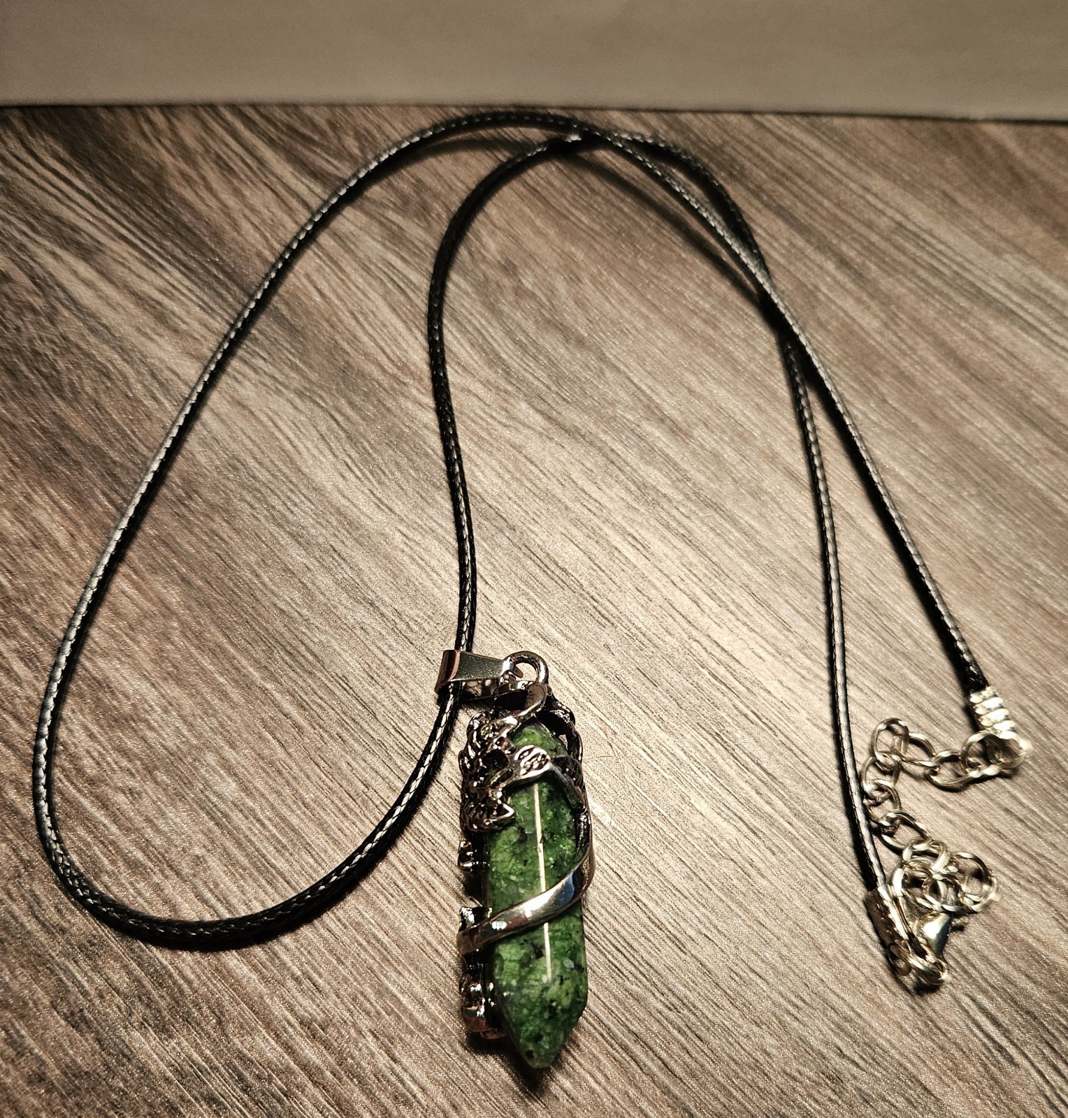 Ruby Zoisite Pendant Necklace Beautiful Silver Colored Wrapping Black Cord 18″