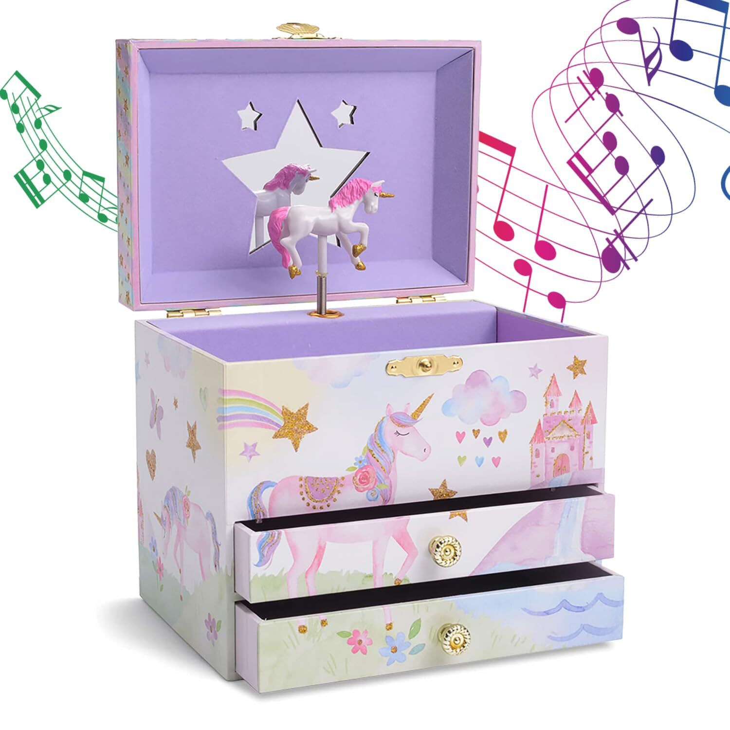 Jewelkeeper Jewelry Box for Girls with 2 Drawers – Unicorn Music Box with Gli…