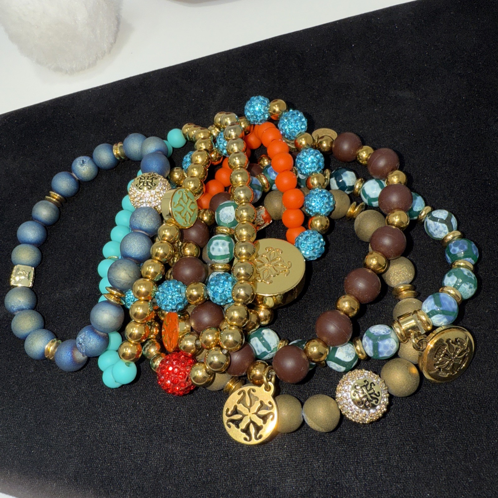 Rustic Cuff Bracelet Set Beaded Charm Stretch Colorful Gold Tone Multicolor Lot