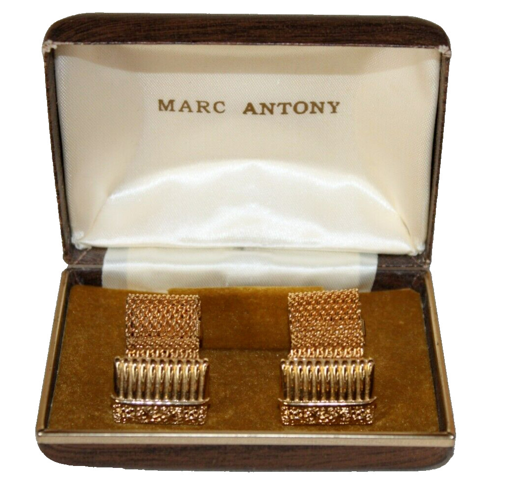 Retro NoS Marc Antony Gold Tone Scroll Pillar Mesh Wrap Around Cuff Links Box-BR