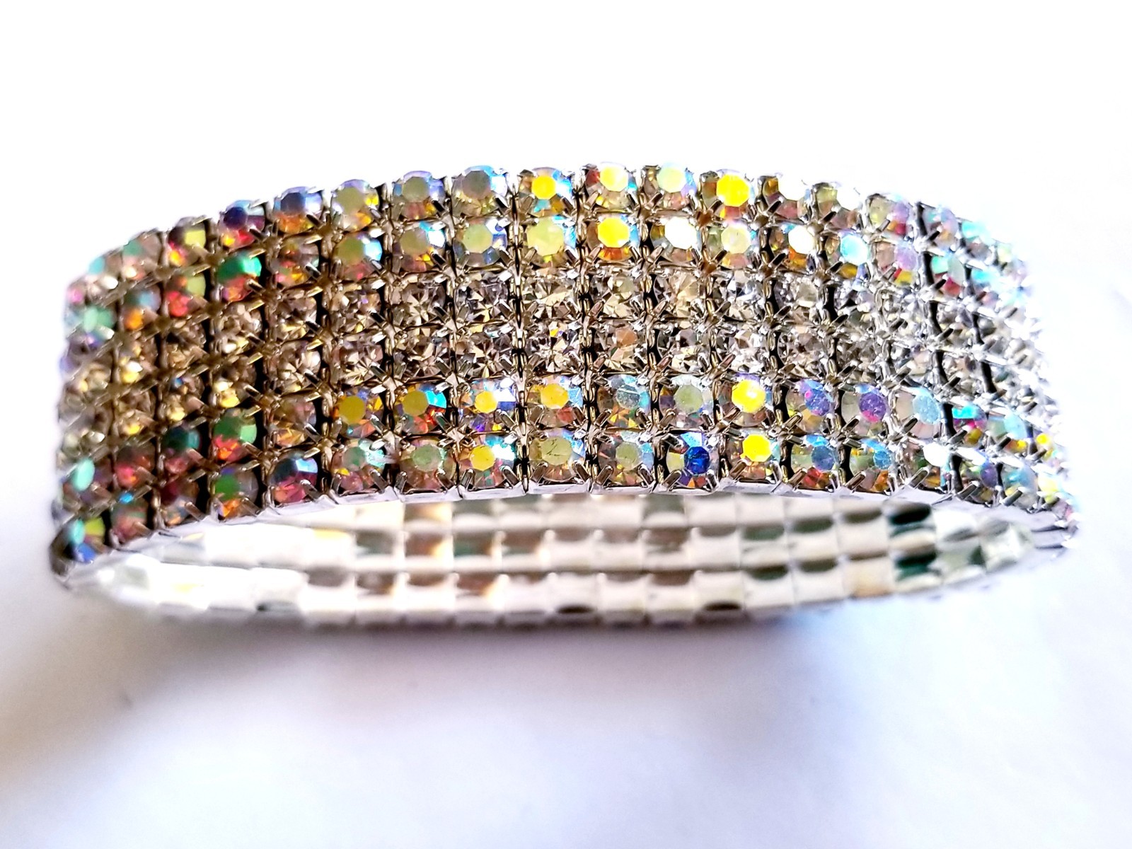 Iridescent Silver Rhinestone Stretch Bracelet Crystal Pageant Prom Drag Jewelry