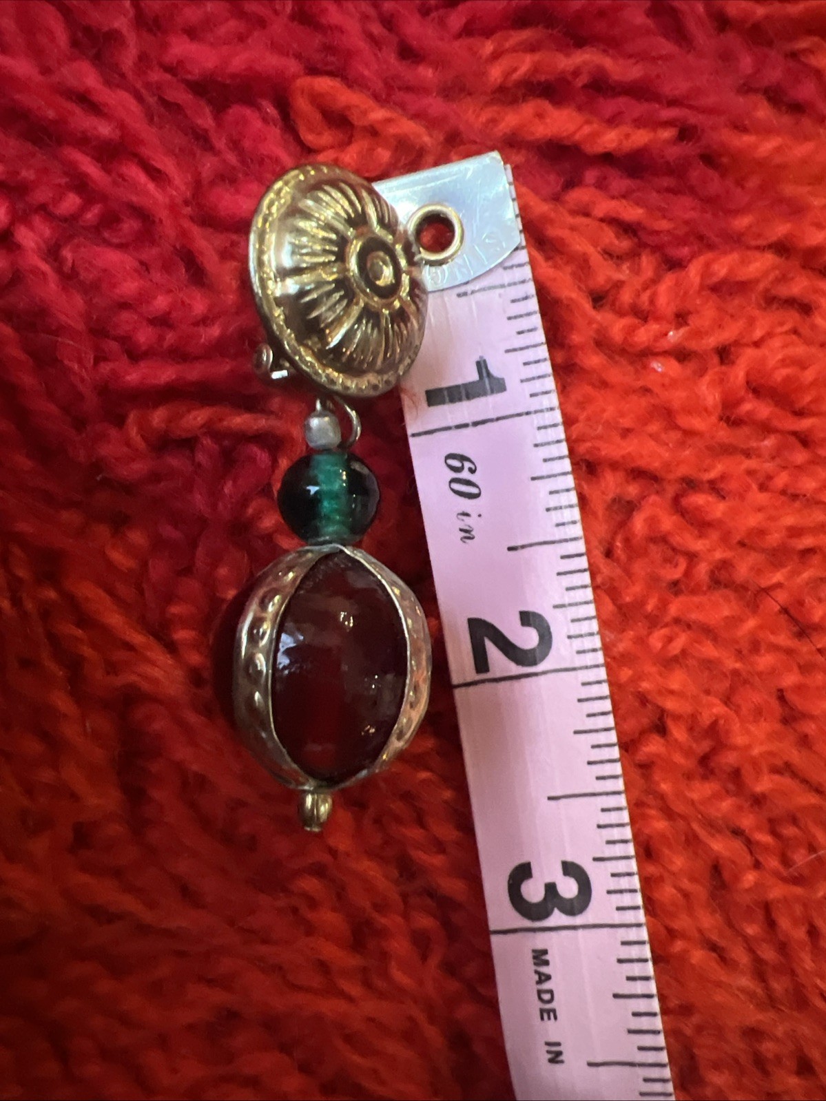 Vtg Egyptian Rev. Gripoix Poured Glass Brass Gold Red Green Runway Clip Earrings