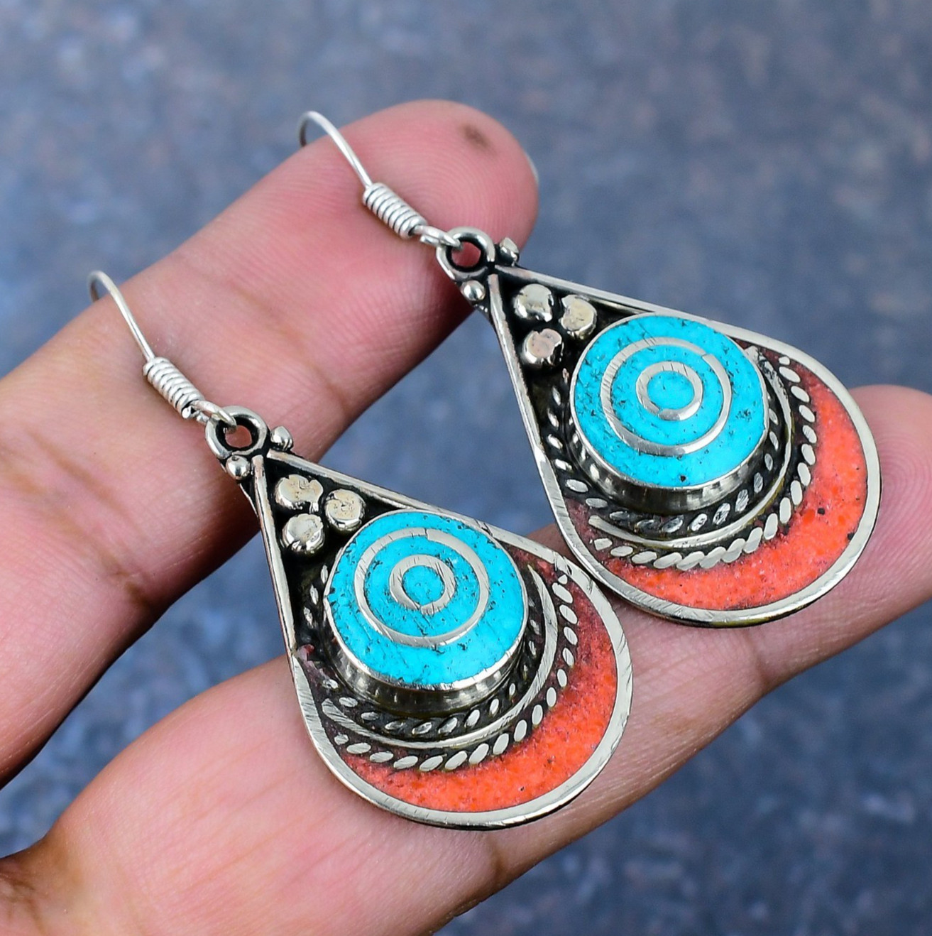 Turquoise & Coral Gemstone Handmade 925 Sterling Silver Jewelry Nepali Earrings
